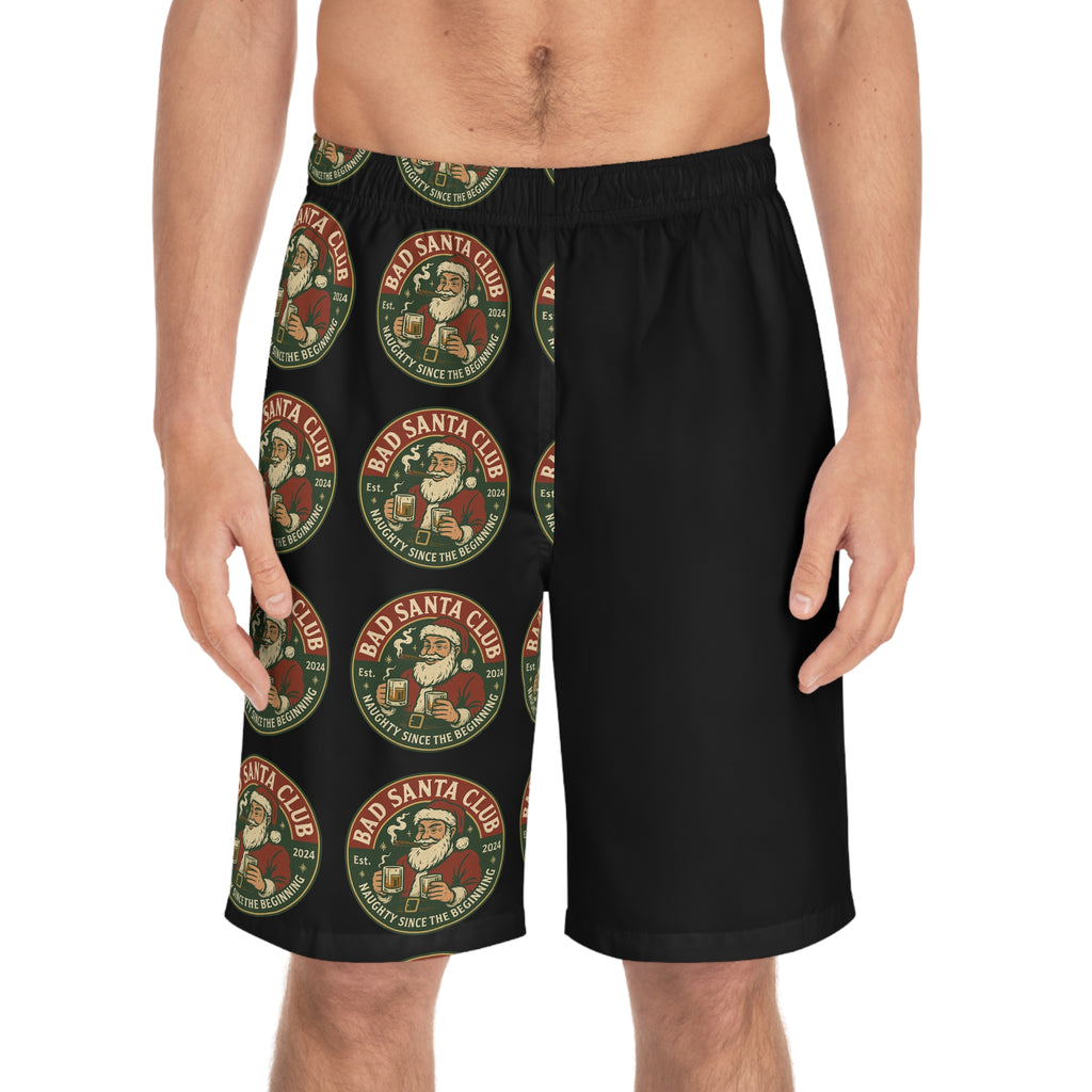 Bad Santa Club Board Shorts — Novelty Christmas Swim Trunks