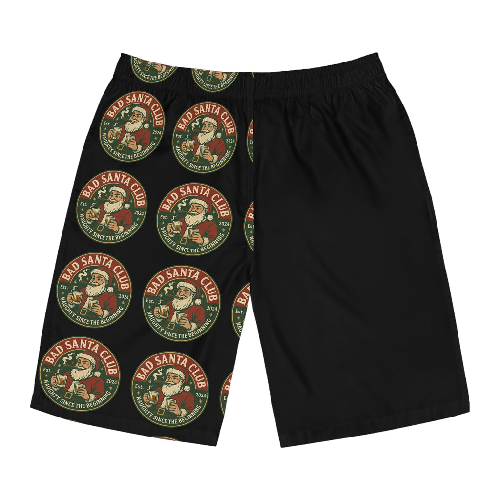 Bad Santa Club Board Shorts — Novelty Christmas Swim Trunks