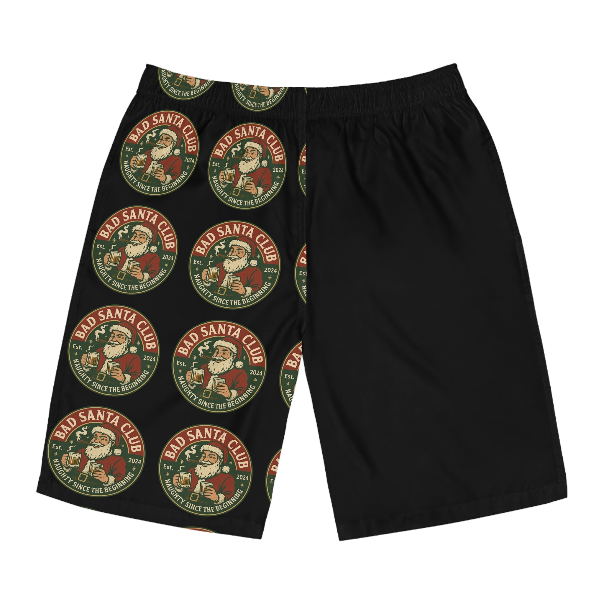 Bad Santa Club Board Shorts — Novelty Christmas Swim Trunks