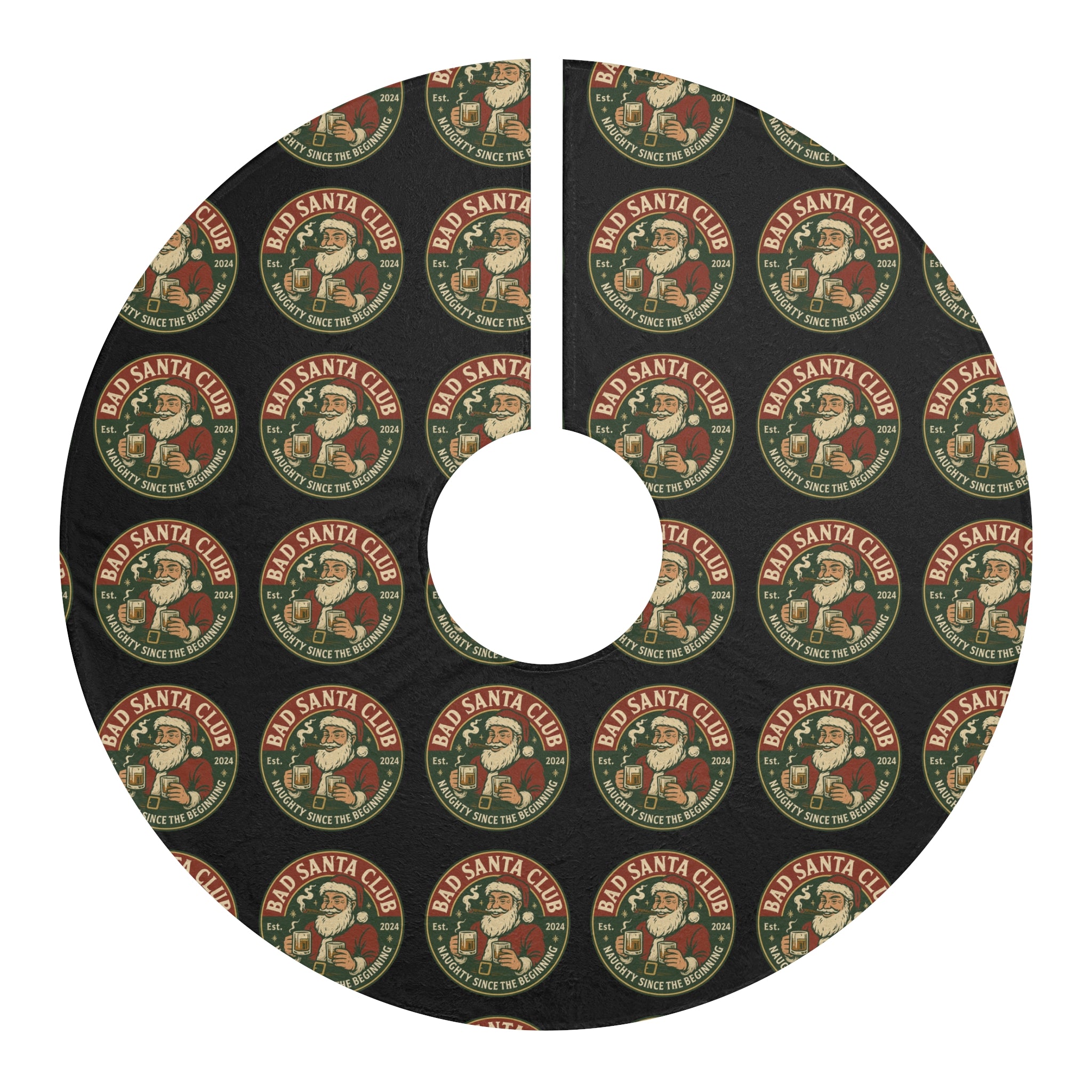 Christmas Tree Skirt – "Bad Santa Club" Retro Badge Pattern
