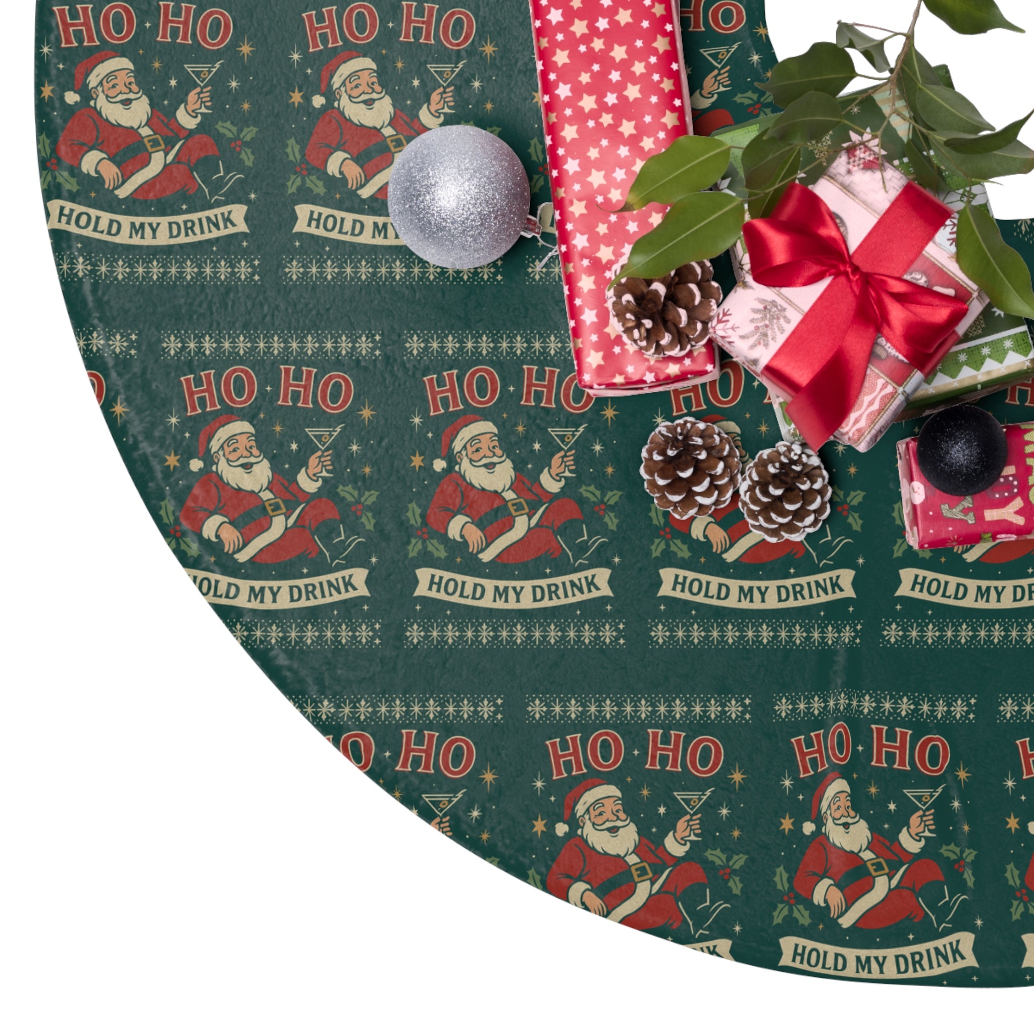 Santa Pattern Christmas Tree Skirt — 'HO HO, Hold My Drink' Festive Tree Skirt