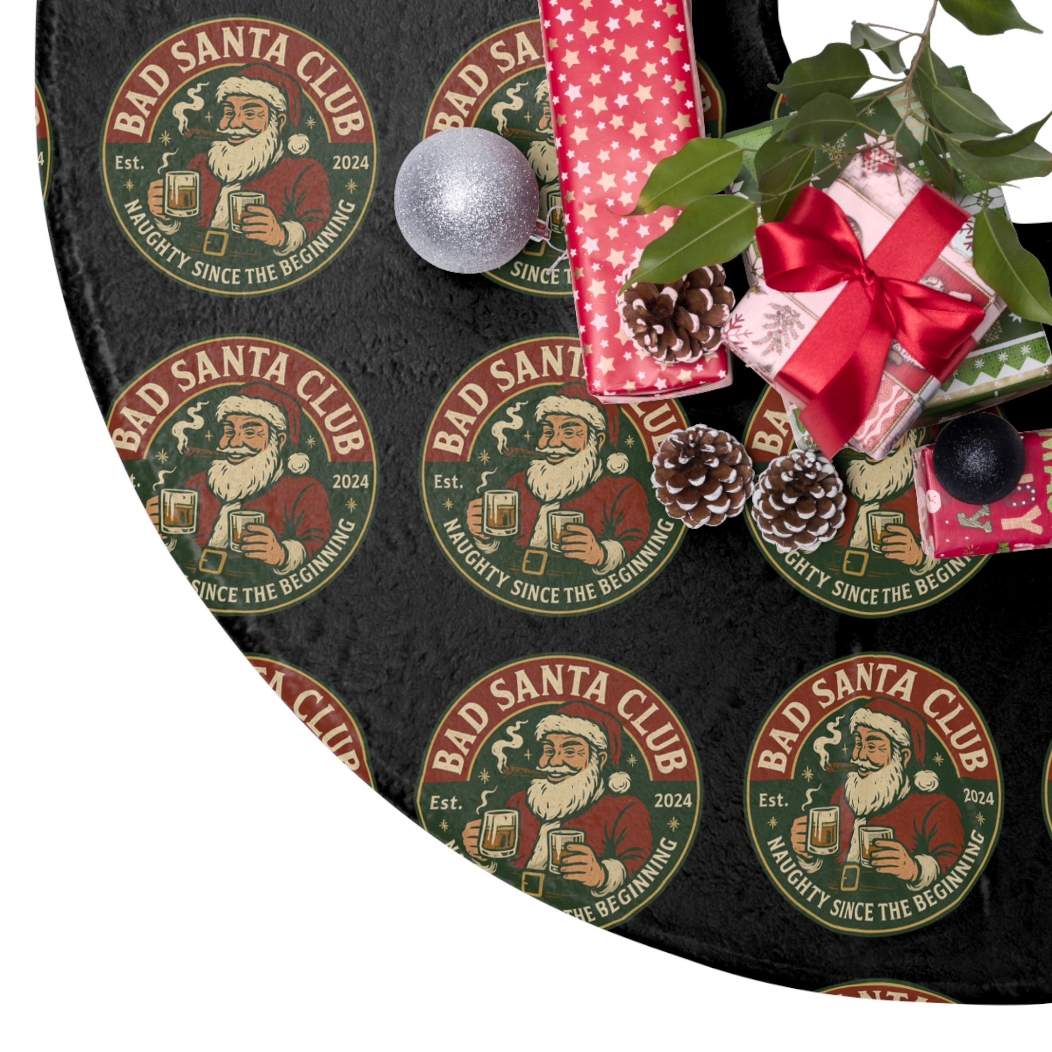Christmas Tree Skirt – "Bad Santa Club" Retro Badge Pattern