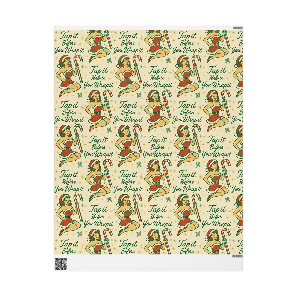 Funny Christmas wrapping paper with retro pin-up design from Tap It Before You Wrap It collection.