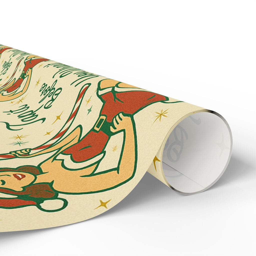 Matte naughty Christmas gift wrap texture with bold red lettering and holly detail.”