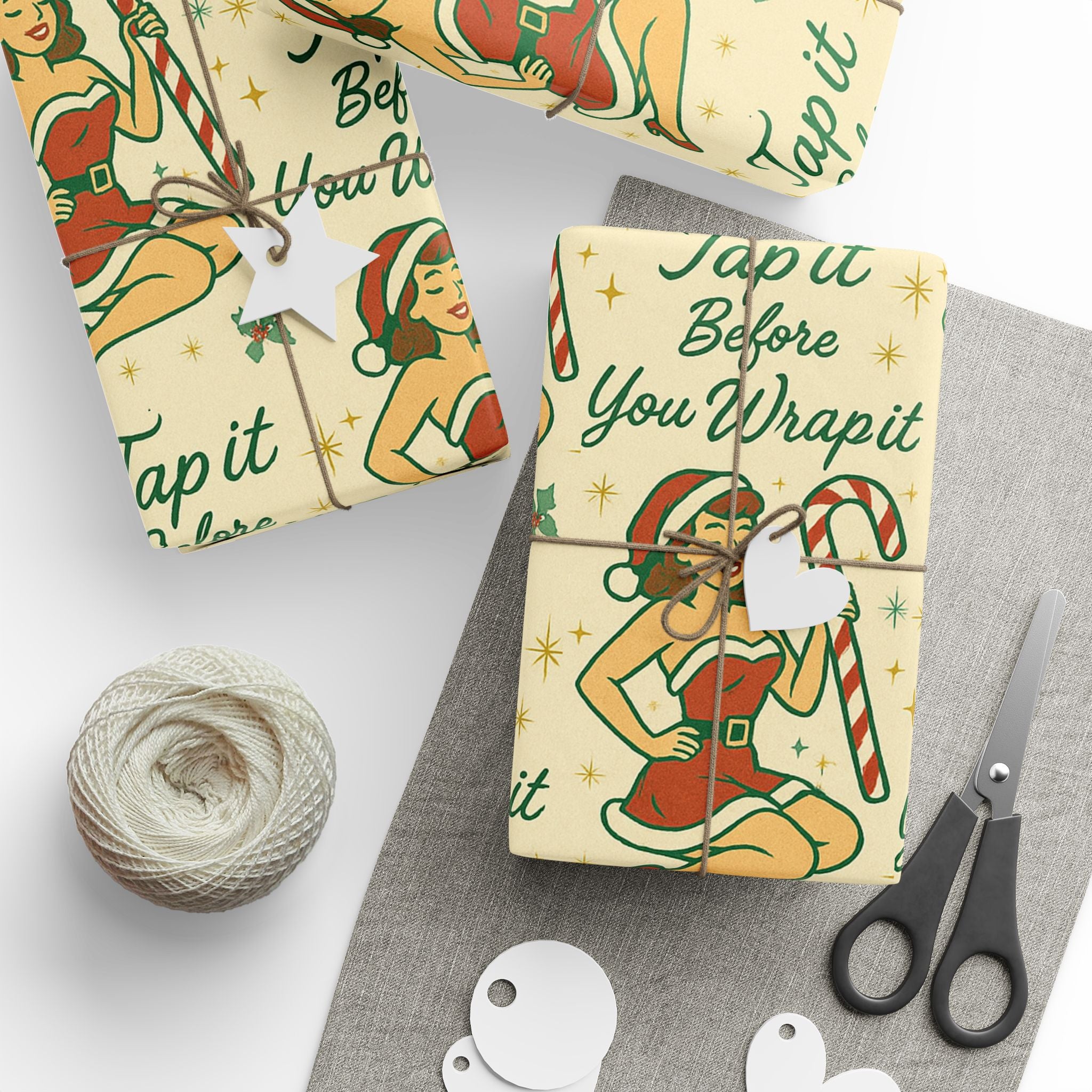 Funny Christmas gift wrapped in vintage-style paper from Sleigh What’s Tap It Before You Wrap It line.